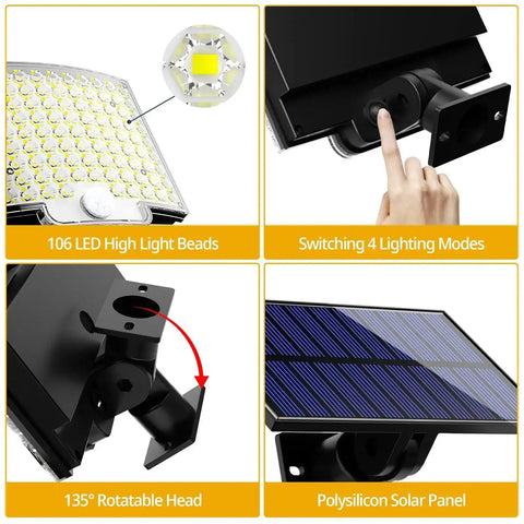 Details of Outdoor Solar Flood Lights With Motion Sensor, 106 LED 3000LM with rotatable head, lighting modes, and solar panel.