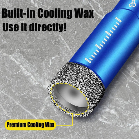 Close-up of blue diamond drill bit with built-in cooling wax. Part of 9-Piece Premium Diamond Drill Bit Set for Precision Drilling in Porcelain, Ceramic, Glass, and Marble, Blue Multi Tool Kit with 9 Bits for Clean Holes, Fast Drilling, Durable and Efficient Performance. Featured with scale markings and textured drill surface.