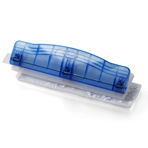 Translucent Plastic 3 Hole Punch With 8 Sheet Capacity shown in blue color for quick office paper punching, dope desk organizer.