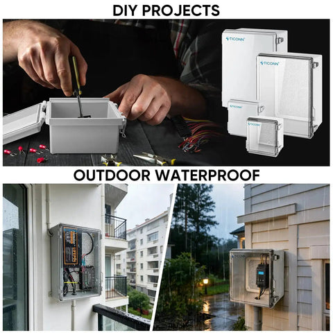 Rugged Outdoor Waterproof IP67 Electrical Box Enclosure with Hinged Cover ABS Plastic Mounting Plate Wall Brackets and Cable Glands installation