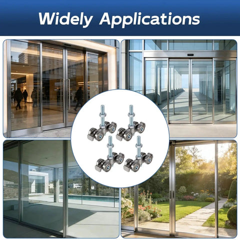 4 Pcs Silent Trolley Assemblies With 4 Wheel Rollers For Quiet Movement in 1-5/8 Inch Wide Strut Channel, shown in doors and windows