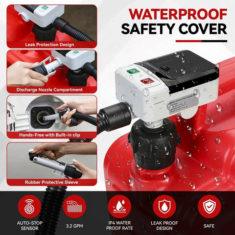 Battery Powered Fuel Transfer Pump With Auto Stop on red gas can, waterproof design, automatic nozzle, 51 inch hose, adapters visible.