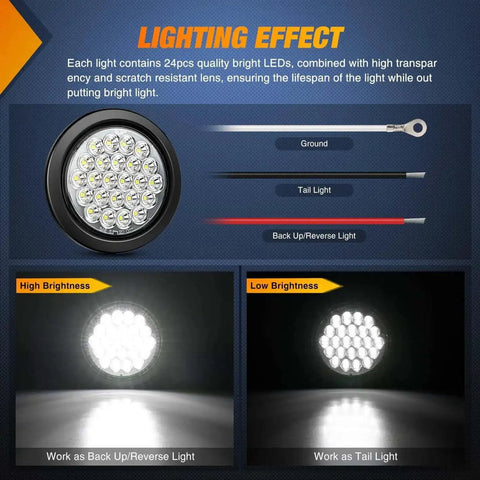 Lighting effect of the Badass 4 Inch Round LED Trailer Tail Lights Set showing high and low brightness modes with included wiring.