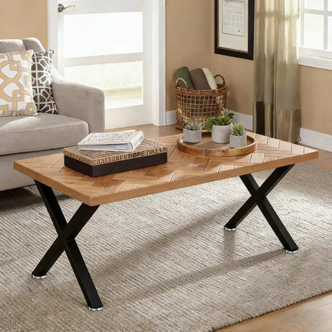 Living room with a wooden coffee table featuring Beefy Heavy Duty Black X Shape Coffee Table Legs 16H X 11.7W, set of 2.