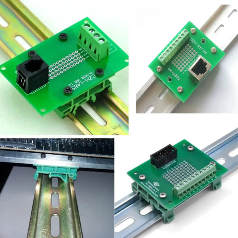 10 Pack DIN Rail Mount PCB Holder Clips for 35mm and 15mm C45 rails, green PA66 material, installed on DIN rail with PCBs.