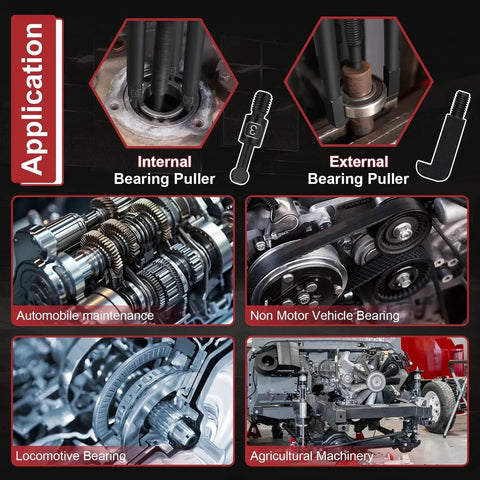Illustration showing applications of 33-In-1 Bearing Puller Kit Upgraded Heavy-Duty Wheel Bearing Removal Tool And Blind Hole Puller Set for automotive, machinery.