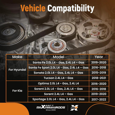 Belt Tensioner Pulley Assembly 252812GGB3 Dope Fit Fits Hyundai Sonata 2015 To 2019 OEM Replacement shown with vehicle compatibility chart