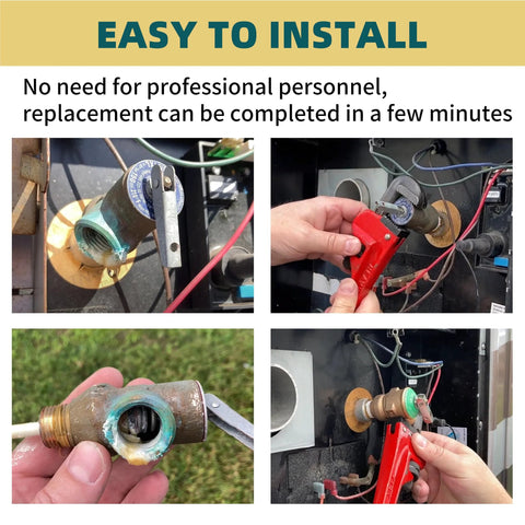 Pressure relief valve, 3/4 inch with extended probe for hot water heater; brass body, RV Suburban/Atwood compatible, 150 PSI 210°F.