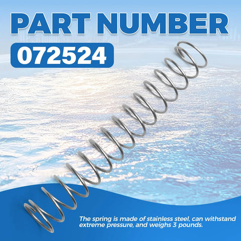 Stainless steel coil spring laid diagonally over a blue water background; part number 072524.