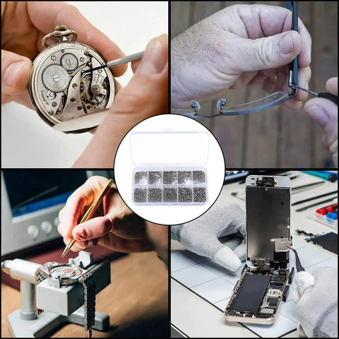 1200 Pcs Mini Screw Kit M1 M1.2 M1.4 M1.7 Micro Phillips Head Pan Screws For Electronics Sunglasses Watches Self Tapping Round Head Fasteners Nickel Plated Durable Repair Kit For DIY Projects image showing use in electronics and eyewear repairs