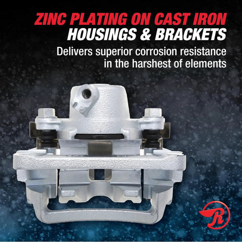 Raybestos brake caliper front view; zinc-plated cast-iron housing