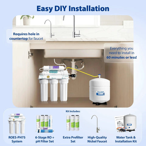 Easy installation of Essence Series 75 GPD 6 Stage Alkaline Mineral PH Plus Reverse Osmosis Drinking Water Filter System by APEC Water Systems under a kitchen sink.