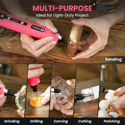 Mini Cordless Rotary Tool Kit With 69 Accessories, 5 Speed 5000 8000 11000 14000 18000 RPM, 3.7V USB Rechargeable, pink tool in use
