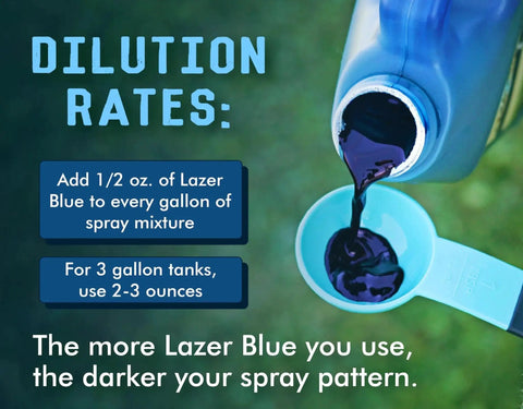 Pouring Lazer Blue Spray Pattern Indicator into a measuring cup for turf marking and weed dye