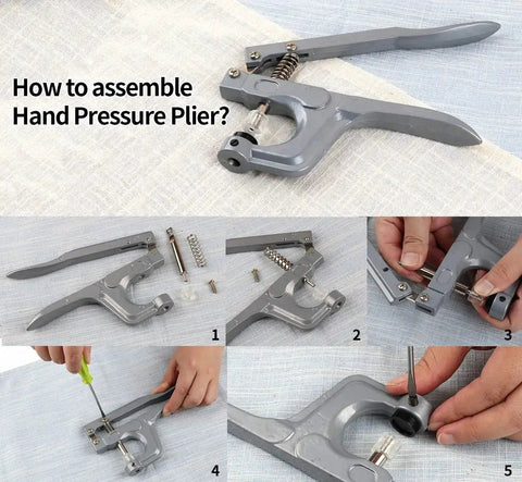 Assembly instructions for aluminum pliers from Bulk Snap Button Starter Kit With Pliers, 400 T5 Plastic No Sew Fasteners In 20 Colors.