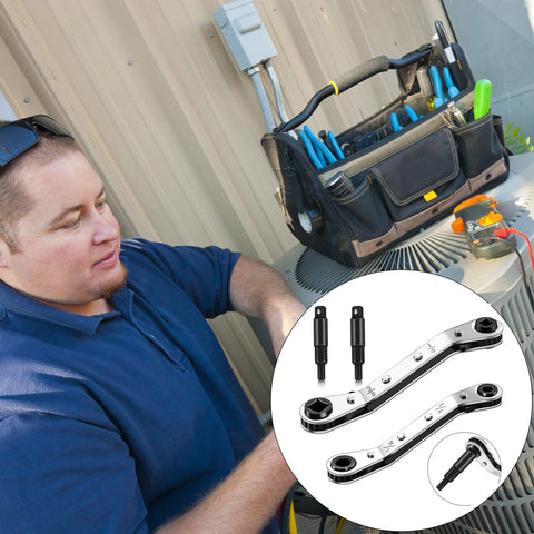 HVAC Air Conditioning Valve Ratchet Wrench Set With Dual Pneumatic Wrenches for 3/16 to 3/8 Inch, shown used on AC unit