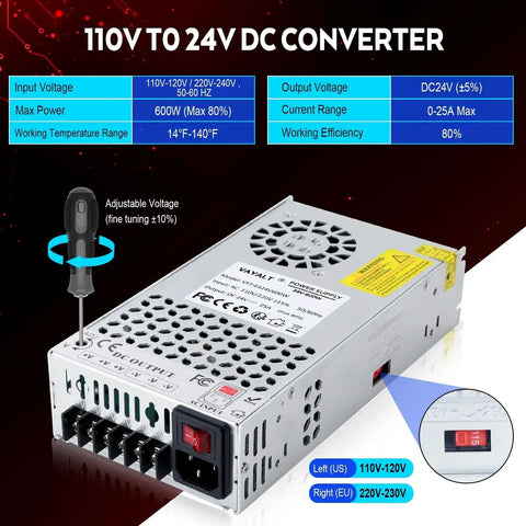 Beefy 24V 600W DC Switching Power Supply 110V to 220V AC Input 24V DC Output Regulated Converter for Industrial CCTV