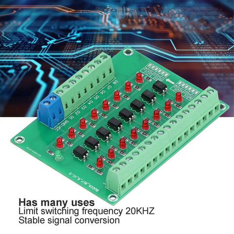 Eight Channel Optical Isolation Module 24V To 5V Optocoupler PLC Signal Converter Board displaying circuitry and connection points.