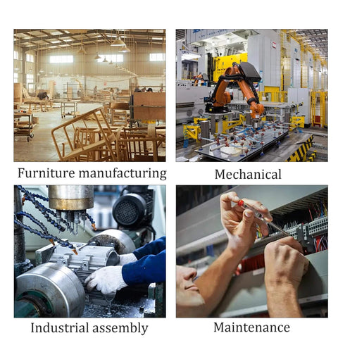 Collage showing furniture manufacturing, mechanical assembly, industrial assembly, and maintenance settings.