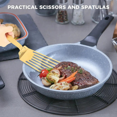 High Heat Stainless Steel Slotted Spatula For Frying And Turning With Non Slip Ergonomic Handle Works Like A Champ Heavy Duty Fish Turner In Gold Finish For Kitchen Use Snailhouse lifting vegetables and steak in a pan.