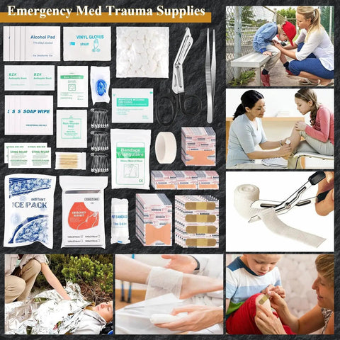 Collage of emergency med trauma supplies from 318 Piece Emergency Survival Kit With Comprehensive Survival Gear And First Aid Supplies For Vehicle Travel Car Camping Hiking And Disaster Preparedness Perfect Gift For Him Men Christmas Birthday