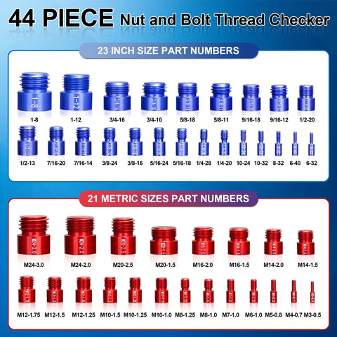 Image of 44 Piece Nut And Bolt Thread Checker Set Pro Grade Standard And Metric Thread Gauge Kit with 23 inch and 21 metric sizes.