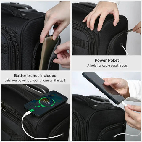 Underseat Carry On Luggage With Wheels Soft Side 16 Inch Travel Bag For Airlines showing power pocket and charging feature.