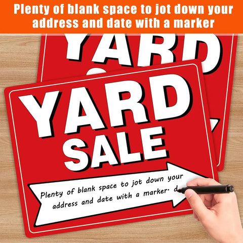 Red two-pack yard sale sign with blank space for address, featuring two-pack yard sale sign kit with four metal stakes and 960 removable price stickers make offer tags double sided all weather fluorescent yard signs for garage sale outdoor estate.