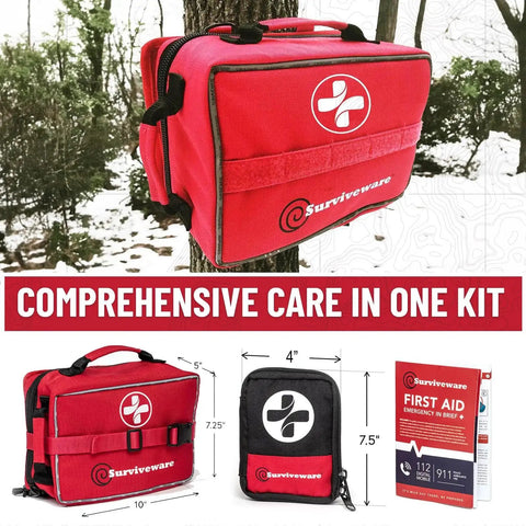 Comprehensive 238 Piece Survival First Aid Kit for travel, camping, and home use with labeled compartments in rugged red design.