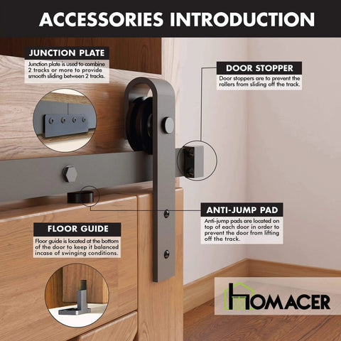 Mini Black Rustic Non-Bypass Sliding Barn Door Hardware Kit with 72-Inch Flat Track, Junction Plate, Door Stopper, Anti-Jump Pad, Floor Guide.