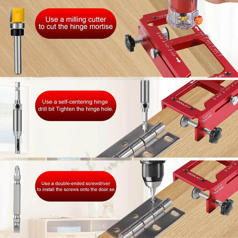 Pro Grade Aluminum Door Hinge Template Jig For Router in use, cutting mortises and installing hinges on wood surface.