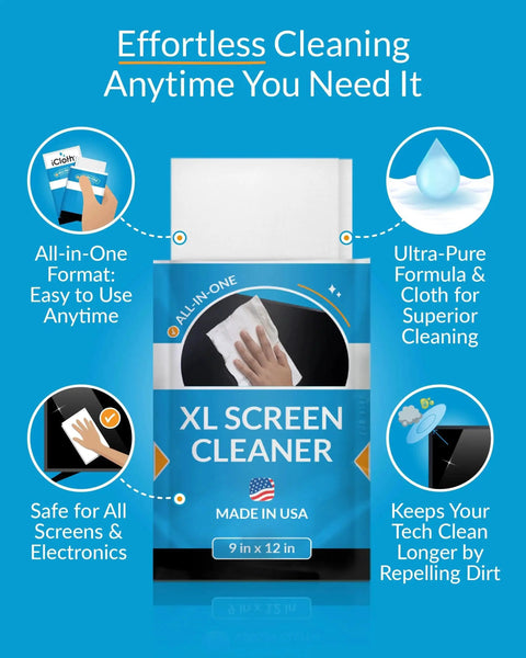 Package of XL Screen Cleaning Wipes For TVs And Monitors Lint Free Streak Free 60 Wipes with cleaning features highlighted