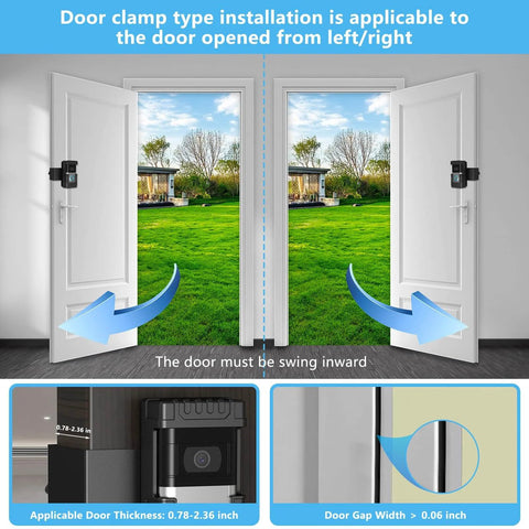Anti Theft Doorbell Mount With Adjustable Angle Left Or Right 45 Degrees installed on double doors, illustrating swing inward installation.