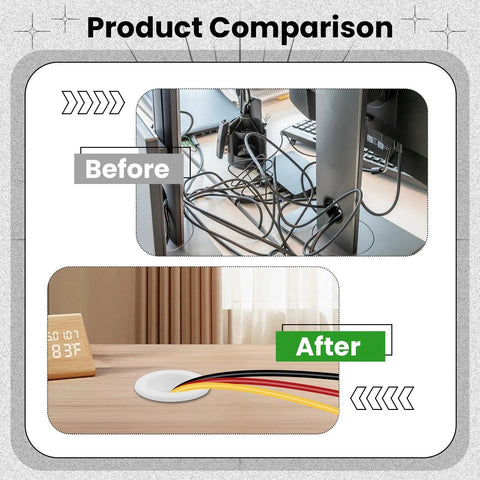 Before and after of desk showing cable organization with 5 Pack White Silicone Top Hat Grommets For Automotive Firewall And Wiring Protection Drill Hole 32 Millimeter Inner Diameter 22 Millimeter Outer Diameter 38 Millimeter Height 12 Millimeter Durable Flexible Silicone