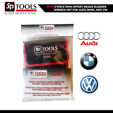 3 Piece 11mm Offset Brake Bleeder Wrench Set For Audi BMW VW Caliper Mounted Electromechanical Parking Brake Compatible No Wheel Removal Easy To Use Great For DIYers in packaging with tool logos