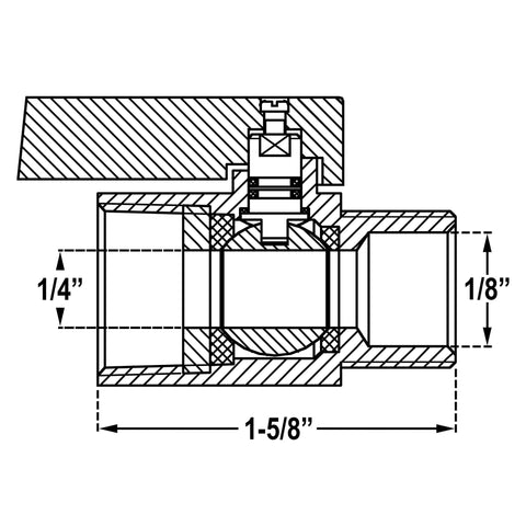 Cross-section view of ARITA 1/8 in mini ball valve, SS304, reduced port, 1000 PSI, water oil gas, male/female NPT, stainless handle.