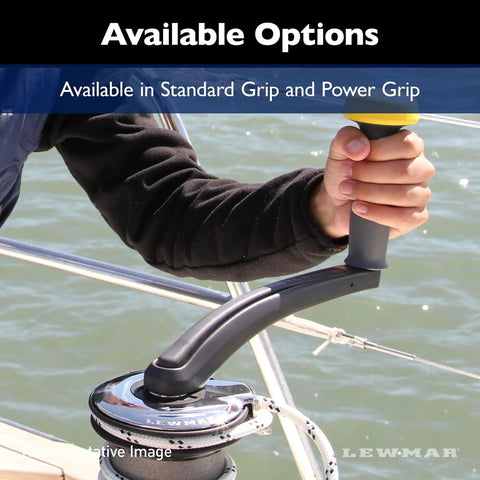 Lewmar 8-inch aluminum winch Powergrip handle installed on boat winch; one-touch lock-in, ball-bearing grip