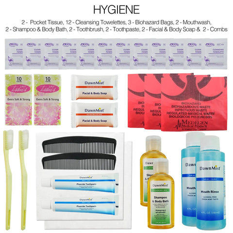 72 Hour Deluxe Emergency Kit hygiene items including toothbrushes, mouthwash, shampoo, body soap, and cleaning towelettes for two people