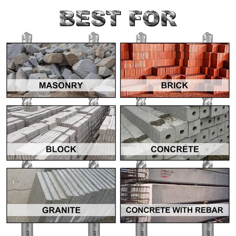 Image showing masonry, brick, block, concrete, granite, and concrete with rebar materials, best for use with the Beefy 10 Piece SDS Plus Rotary Hammer Drill Bit Set For Concrete And Masonry With Carbide Tips Cross Type Double Thread Includes 3/16 In 4 In 2 Pc 1/4 In 4 In 2 Pc 1/4 In 6 In 2 Pc 5/16 In 6 In 3/8 In 6 In 1/2 In 6 In.