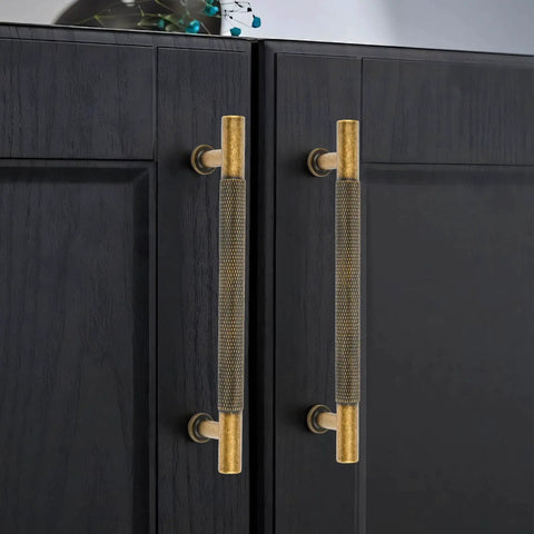 Matt Coffee Bronze Solid Brass Cabinet Handles 5 Pack 5 Inch Hole Centers installed on dark wooden cupboard doors