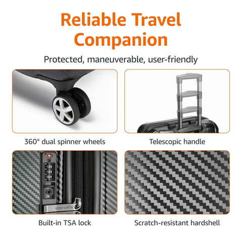 30 Inch Hardside Spinner Luggage With TSA Lock, Lightweight Expandable Suitcase, Scratch-Resistant Exterior, 97 Liter Capacity, Eight 360-Degree Wheels For Effortless Rolling, Black Amazon Basics, showing features like TSA lock and telescopic handle
