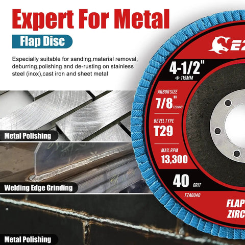 Close-up of a 40 Grit Flap Disc Type 29 4 1/2 X 7/8 Zirconia for stainless steel with packaging details and usage examples.