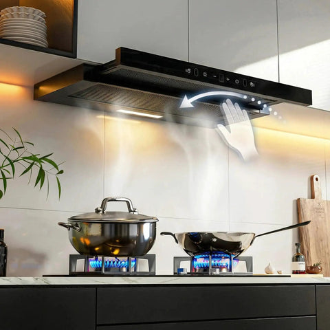 30 Inch Under Cabinet Range Hood With 750 CFM Power, installed above stovetop, showing gesture sensing and two aluminum filters.