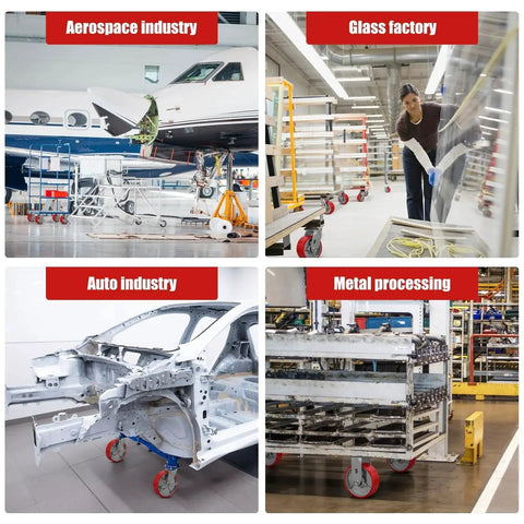 Collage of caster wheels used in aerospace, glass factory, auto industry, and metal processing environments.
