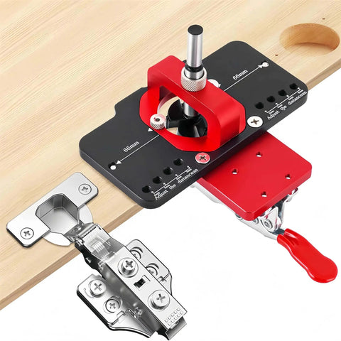 35mm Hinge Jig for Cabinet Doors, Precision Drilling Guide, Rugged Aluminum Alloy Build, installed on wooden cabinet