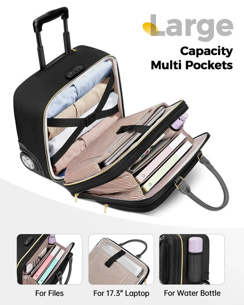 Underseat Rolling Briefcase For Travel And Work, Airline Approved Personal Item With Wheels, open view showing compartments