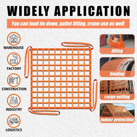 Heavy Duty Nylon Lifting Net For Hoist 4500 Lbs Load Capacity 6.56 Ft Square with orange mesh and straps, illustrated uses.