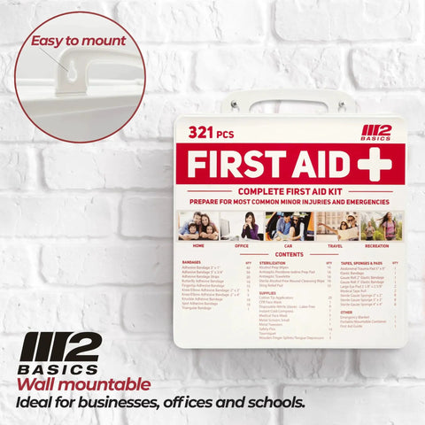 Premium 321 Piece First Aid Kit With Hard Case Grab-And-Go Ready For Home Car Office School And Vehicle By M2 BASICS, wall mountable