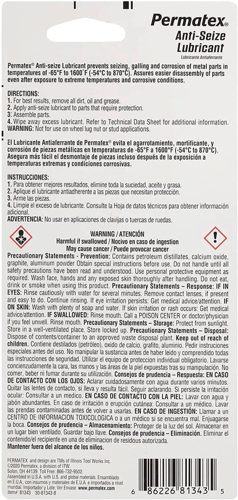 Back label of Anti Seize Lubricant 81343 1 Oz Tube Four Pack With Aluminum Copper And Graphite Blend Salt And Moisture Resistant Marine Grade Formula For No Fuss Spark Plug Removal, Cylinder Head Bolts, And Quick Disassembly.