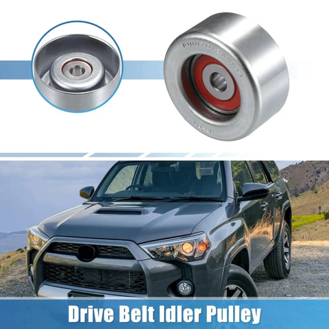2 Pack Drive Belt Idler Pulley Replacement For Lexus And Toyota Vehicles Heavy Duty Idler Pulleys For ES350 GS350 IS350 RX350 2007 2021 And 2003 2021 Toyota 4Runner Camry RAV4 Highlander Sienna Tundra 16604 31020 Fitment visible with close-up view of idler pulley next to Toyota 4Runner.